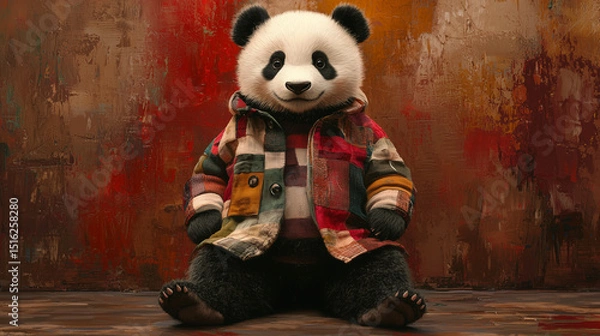 Fototapeta Fashionable panda in a patchwork jacket posing confidently against a textured background. A stylish and modern character portrait combining cuteness with urban attitude.
