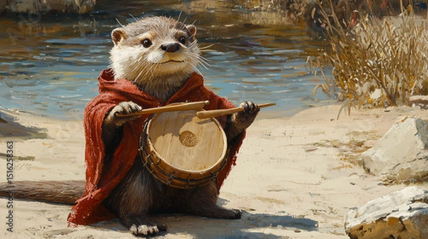 Fototapeta Playful otter wearing a hooded outfit, happily holding a drum by the riverside. A creative and cheerful animal portrait with musical charm and natural warmth.
