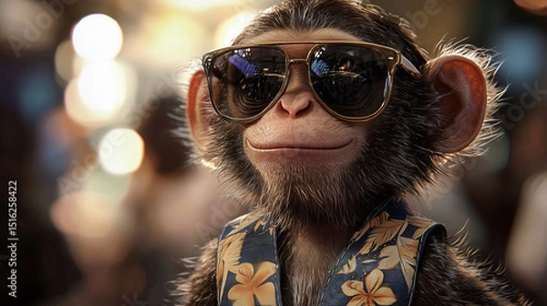 Fototapeta Monkey in large dark sunglasses, wearing a patterned shirt and standing in a sunny urban scene. A cool and confident character portrait with personality and modern vibe.
