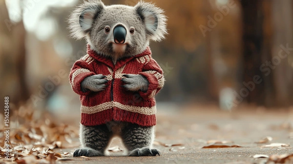 Fototapeta Cute koala in a red striped sweater, posing calmly in an outdoor autumn scene. A fashionable animal character full of warmth and soft personality for lifestyle or editorial content.
