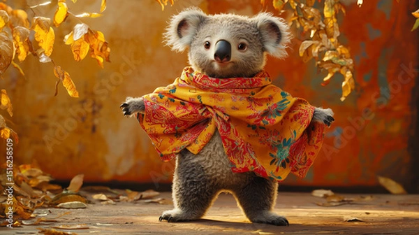 Fototapeta Charming koala wearing a colorful scarf and poncho, standing in a warm autumn setting with golden leaves. A cozy and playful fashion portrait with natural charm and personality.
