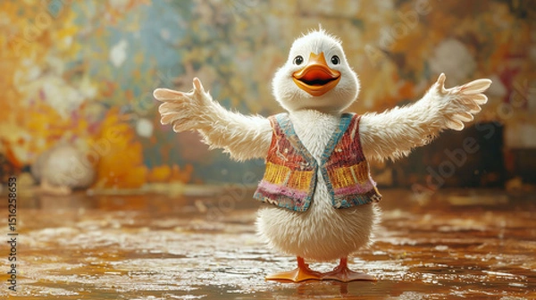 Fototapeta Happy duck in colorful patchwork vest, smiling and spreading wings in a soft, natural setting. A bright and expressive animal character full of cheerful energy.
