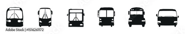 Obraz City bus track silhouette on white background. Vehicle icons set view from side, front, and back, and Professional Bus Front View Icons Silhouette Vector Illustration