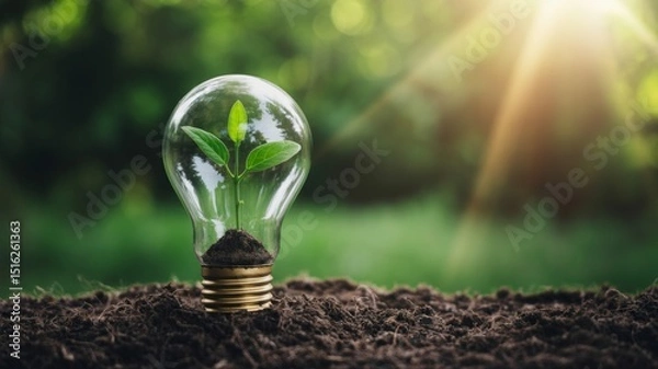 Obraz Eco-Friendly Innovation Concept – Seedling Growing Inside a Lightbulb on Soil with Sunlight Generative AI