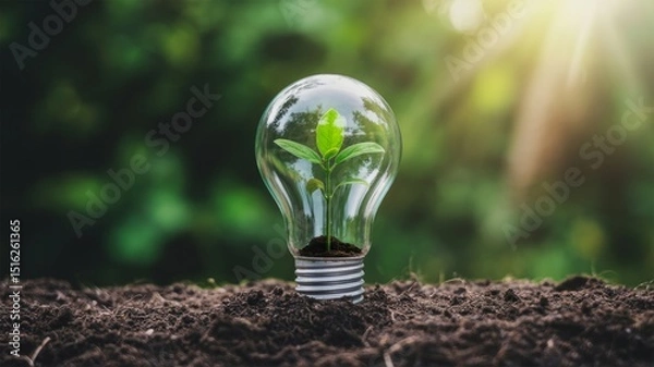 Obraz Eco-Friendly Innovation Concept – Seedling Growing Inside a Lightbulb on Soil with Sunlight Generative AI