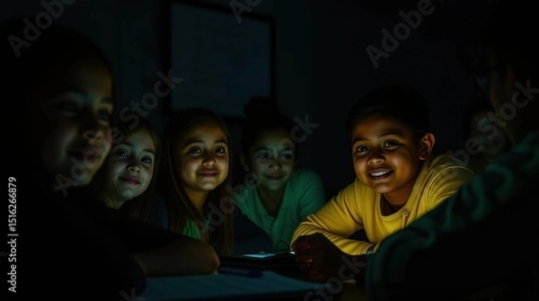 Fototapeta Children gather around a glowing screen in darkness, illuminated by the device's soft light, smiling