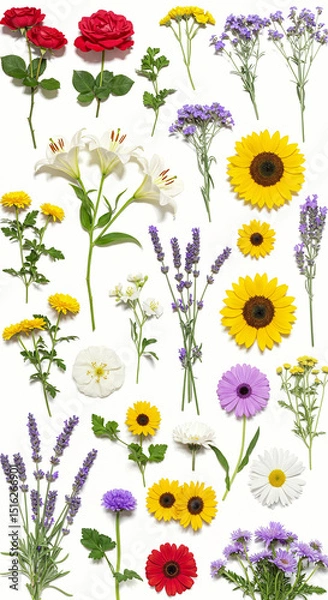 Obraz Assorted Flower Stems on White Background Various Blossoms