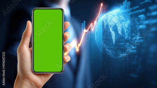 Fototapeta Hand Holding Smartphone with Green Screen and Digital Finance Graph