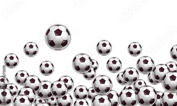 Fototapeta Falling soccer balls horizontal background. 3D rendering illustration.