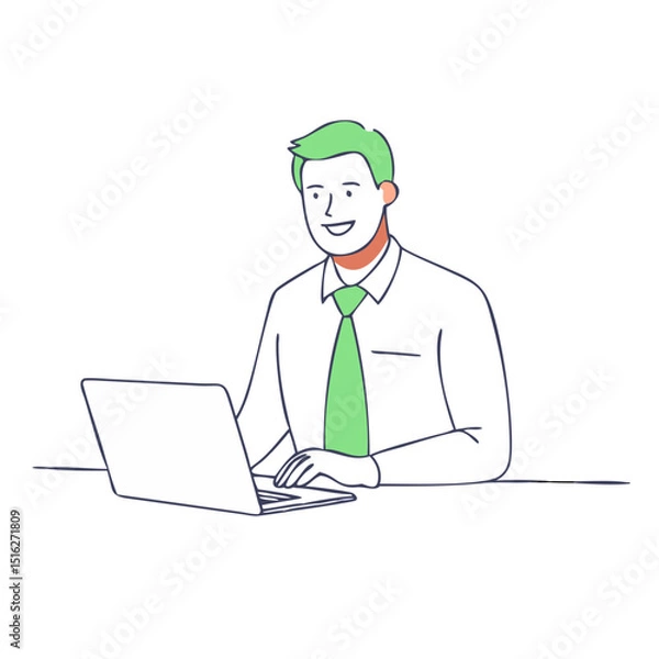 Fototapeta 机に向かい、笑顔でノートパソコンを操作するビジネスマンの、快適で生産的な仕事風景のイラスト

