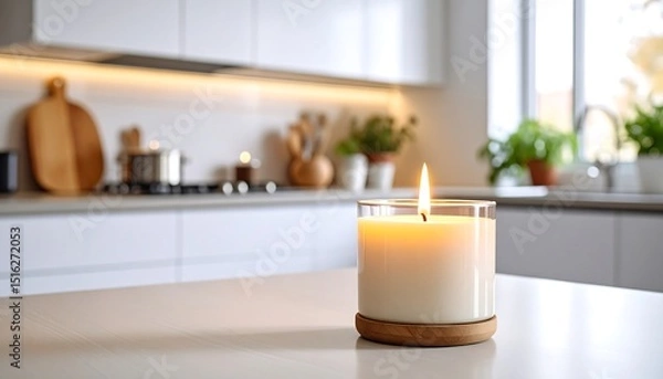 Obraz Lit candle on kitchen counter.
