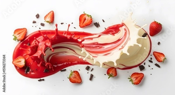 Fototapeta Strawberry Cream Swirl: Cream and a rich strawberry swirl create a sweet symphony, dotted with fresh strawberry slices and dark chocolate pieces.