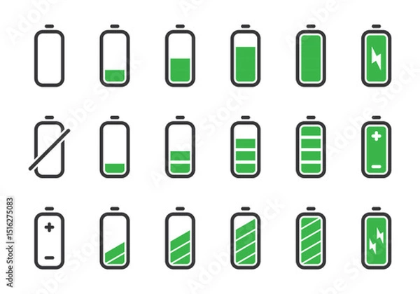 Fototapeta Battery charge progress indicator icon set, Smartphone status bar notification vector user interface design in green color. Battery icon set. Vector