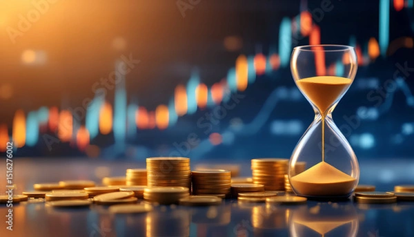 Fototapeta Stock Market Data with Stacks of Coins and Time-Flowing Hourglass