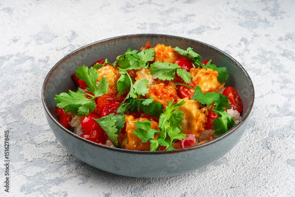 Obraz Vegetarian poke with rice and eggplant in a bowl on a concrete table.