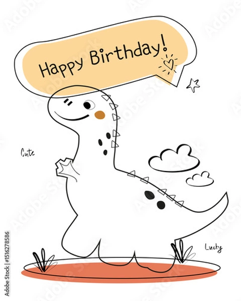 Fototapeta Dinosaur vector funny birthday card. Children's card with cute dinosaurs in line style. Dino baby illustration in naive style for coloring book