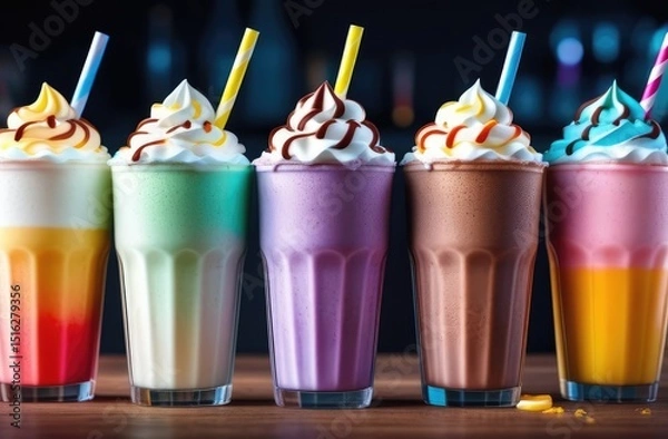 Obraz Colorful Fruit Milkshakes. Smoothie With Fruit And Ice Cream