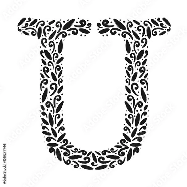 Fototapeta Floral botanical alphabet. Vintage hand drawn monogram letter U. Letter with plants and flowers. Vector lettering isolated on white