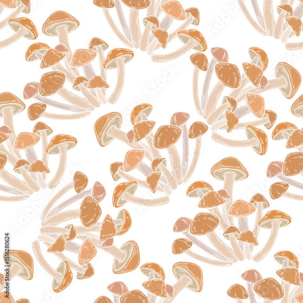 Fototapeta Mushrooms, honey agaric. Seamless vector pattern, colored silhouettes on white. Hand drawn illustration. Perfect for design templates, wallpaper, wrapping, fabric, print and textile. 
