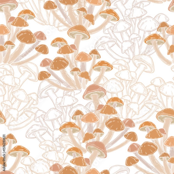 Fototapeta Mushrooms, honey agaric. Seamless vector pattern, colored silhouettes and contours on white. Hand drawn illustration. Perfect for design templates, wallpaper, wrapping, fabric, print and textile. 