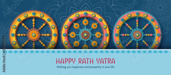 Fototapeta Indian festival Rath Yatra. Festive paper cut style banner with decorative patterned wheels