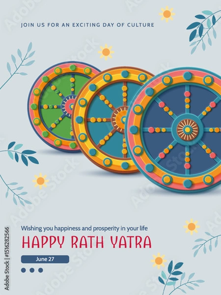 Fototapeta Jagannath Puri Rath Yatra. Festive paper cut style banner with decorative patterned wheels