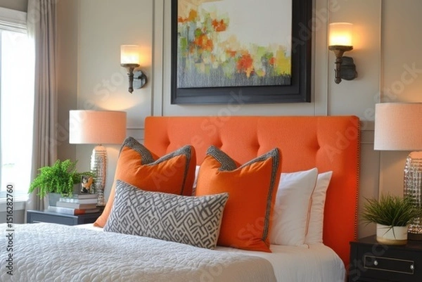 Fototapeta Modern bedroom interior design orange decor