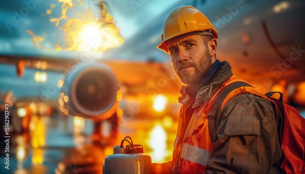 Fototapeta Airport emergency worker on background of burning plane