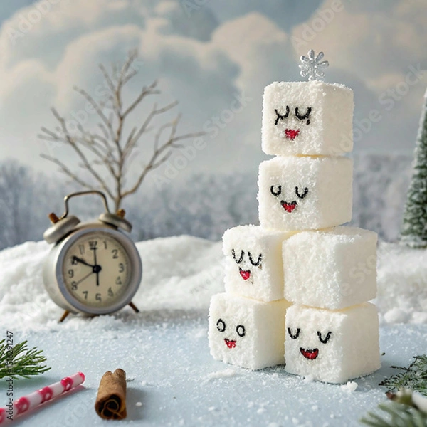 Obraz Whimsical Sugar Cube Characters with Vintage Clock in Frosty Winter Setting
