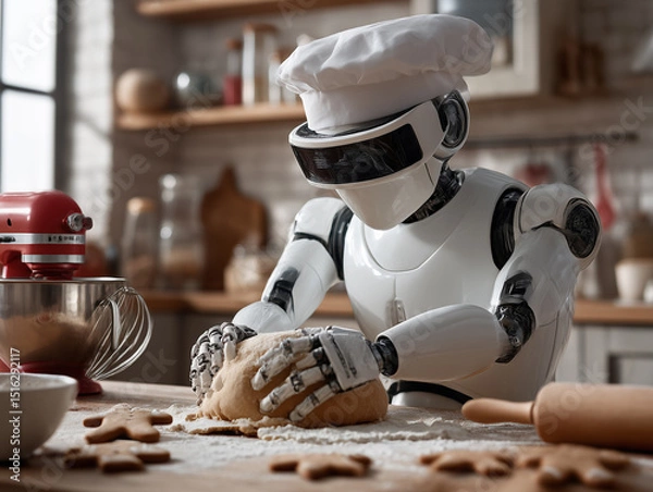 Obraz Closeup of robotic hand kneading gingerbread dough on table