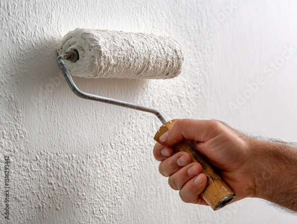 Obraz Man painting wall with roller on light background, closeup. Space for text