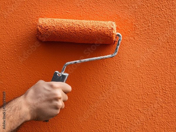 Obraz Painter paints the orange wall with a roller, close-up