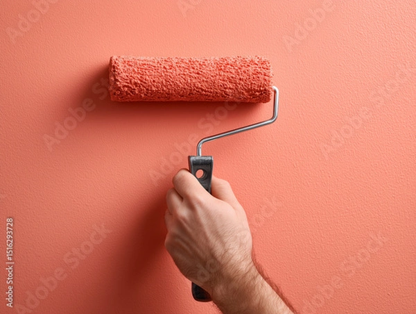 Obraz Man painting wall with paint roller, closeup. Space for text, coral color