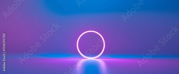 Obraz Glowing Neon Circle on Reflective Surface with Blue and Purple Gradient Backdrop.