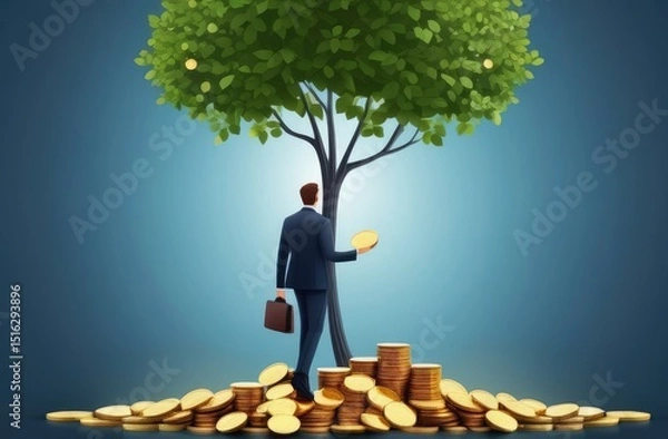 Obraz businessman and money tree. man near tree with gold coins. Investment, income and achievement concept. 