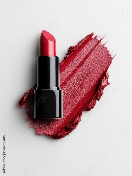 Fototapeta Close-up of a red lipstick with a black cap. the lipstick is placed on a white background and there is a swatch of the lipstick on the right side of the image.