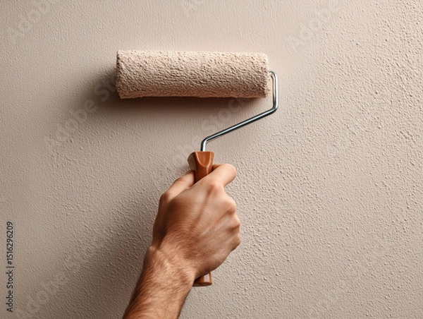 Obraz Man painting wall with paint roller, closeup. Space for text. beige color
