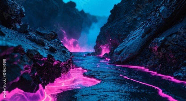 Obraz Neon River Flowing Through Rocky Canyon, A Surreal Landscape Illustration.