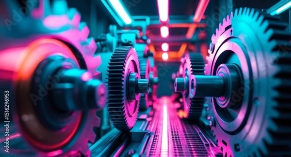 Obraz NeonLit Gears. A Futuristic Machinery Display of Precision and Interconnectedness.
