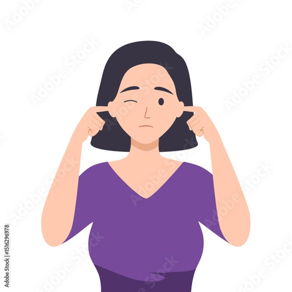 Obraz Woman covering his ears with fingers, eyes closed. Guy closing or plugging for loud noise
