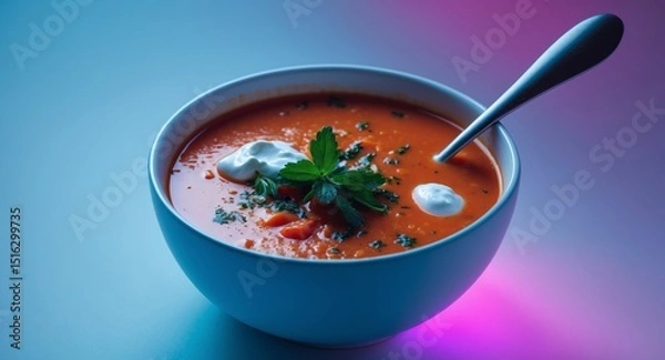 Obraz Tomato soup with sour cream and parsley in a blue bowl with a silver spoon.