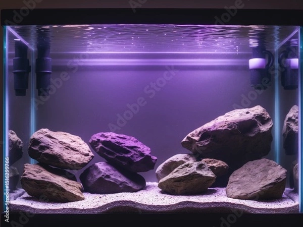 Obraz Tranquil freshwater aquarium scape with rocks and illuminated by purple light.