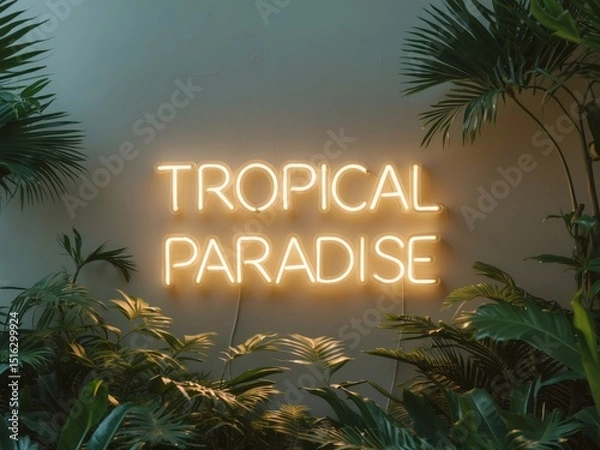 Obraz Tropical Paradise Neon Sign Surrounded by Lush Greenery, a Captivating Display.