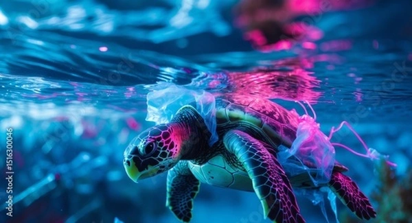 Obraz Turtle Suffocating in Plastic, Ocean Pollution Threatens Marine Wildlife.