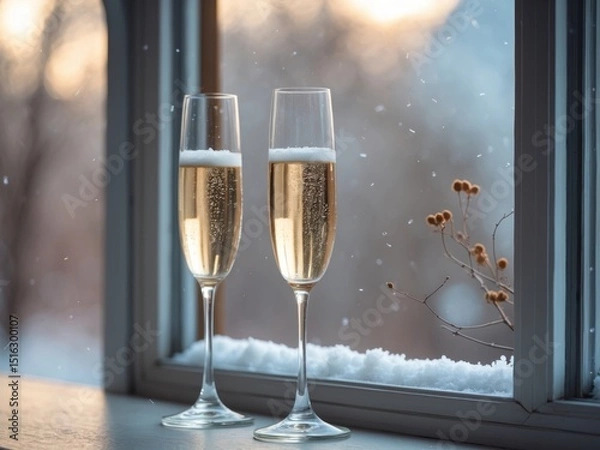 Obraz Two Champagne Glasses on a Snowy Windowsill, A Festive Winter Celebration.