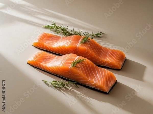 Obraz Two Fresh Salmon Fillets with Rosemary on a Light Surface, Natural Sunlight.