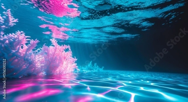 Obraz Underwater Coral Reef with Colorful Reflections and Light Beams, Abstract Marine Scene.