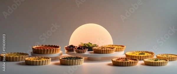 Obraz Variety of Savory Tarts and Quiches Displayed with Fruit and Greens Culinary Delight
