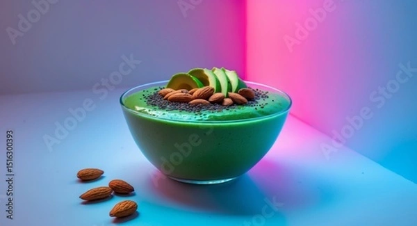 Obraz Vibrant Green Smoothie Bowl with Avocado and Almonds, Healthy and Delicious Treat.