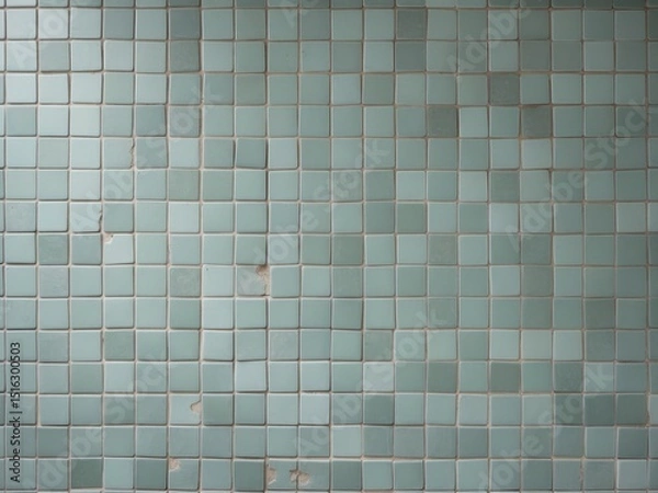 Obraz Vintage Light Blue Tile Wall, with Some Missing or Damaged Sections, CloseUp View.